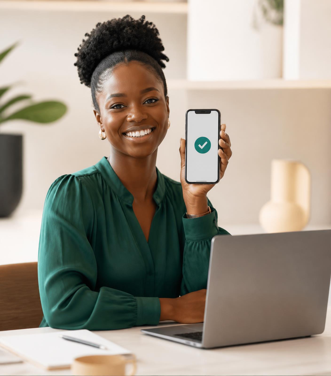 Entrepreneure camerounaise confirmant un paiement mobile encaissé avec KUSA